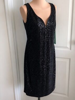 BLU SAGE SEXY LITTLE BLACK DRESS VELVET & SEQUINS SWEETHEART NECKLINE 12